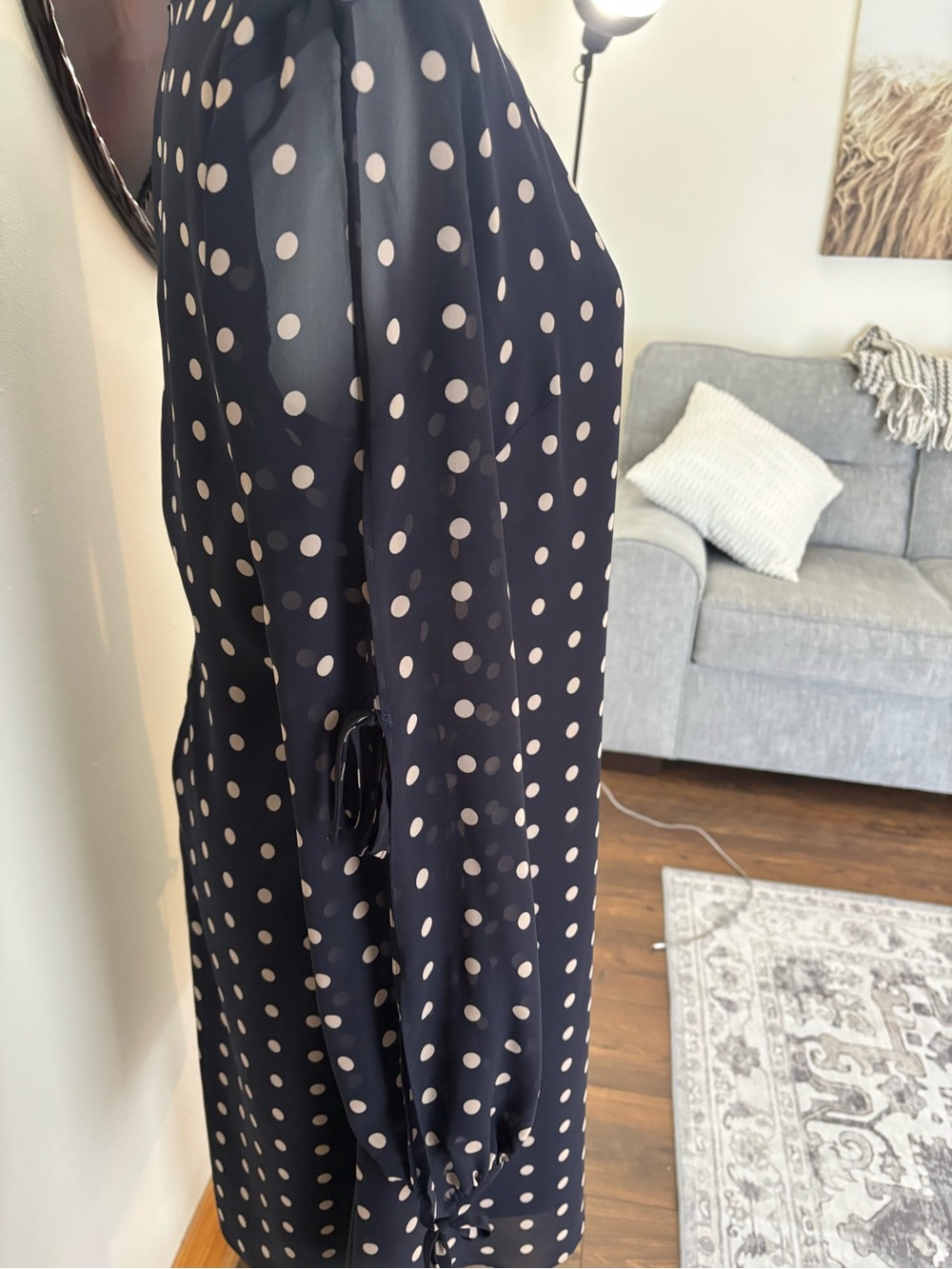 Chaps Polka Dot Feminine Navy Crewneck Dress with Sheer Tie-Up Sleeves Sz 8 - Picture 2 of 7